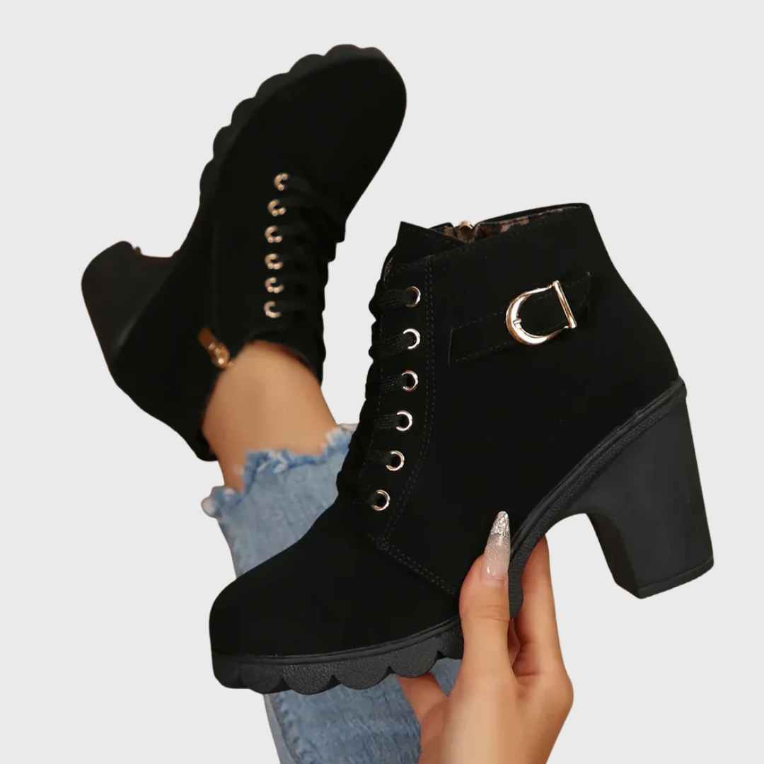 Suede Look Lace Up Buckle Platform Block Heel Ankle Boots