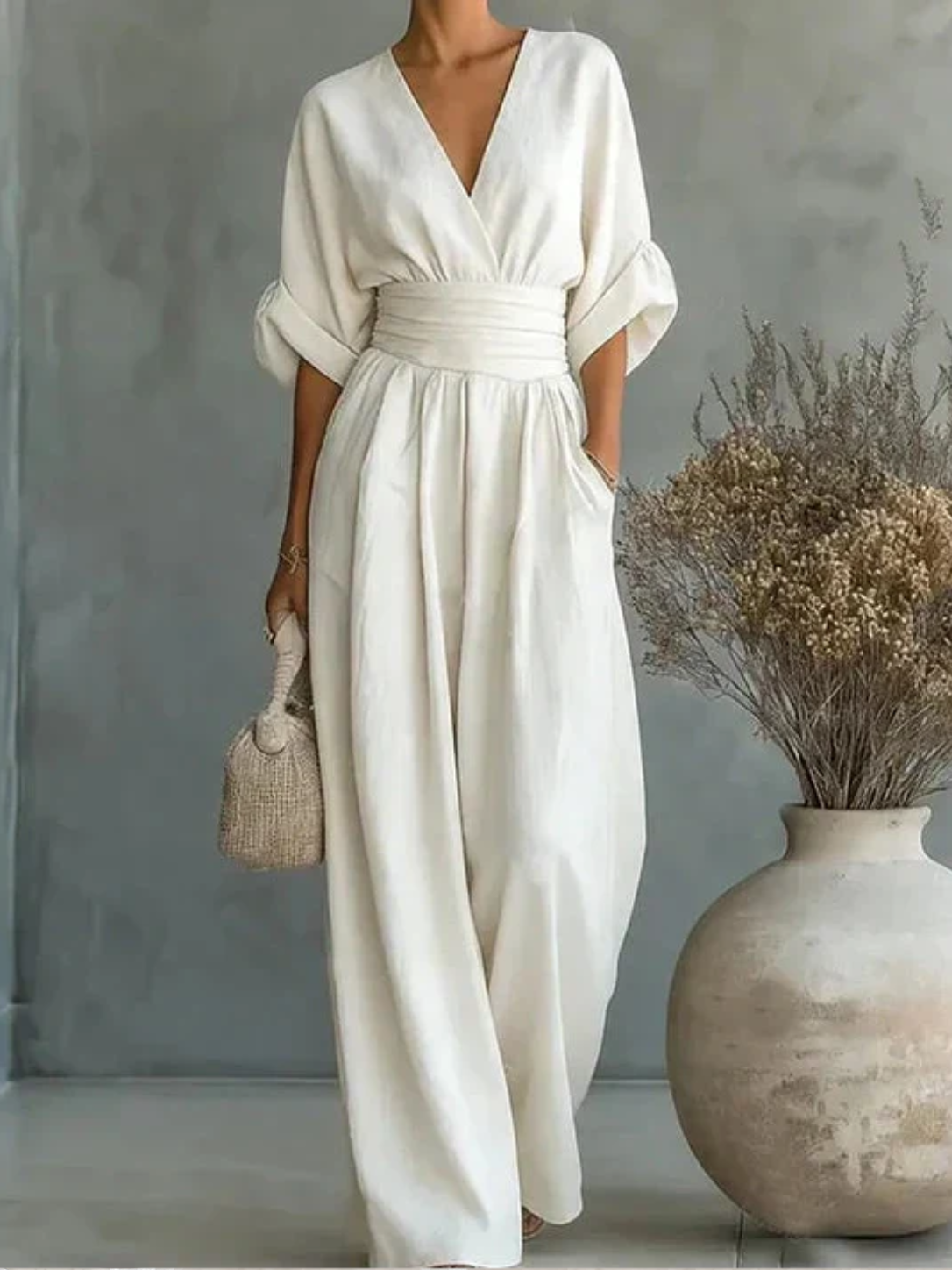 V-Neck Batwing Sleeve Ruched Waist Wide Leg Jumpsuit