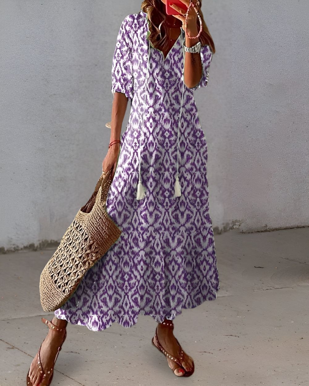 Ikat Print V-Neck Tassel Tie Tiered Maxi Dress 3