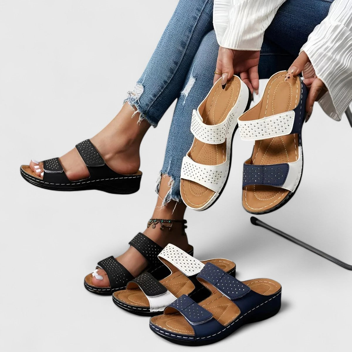 Open Toe Double Strap Studded Wedge Slide Sandals
