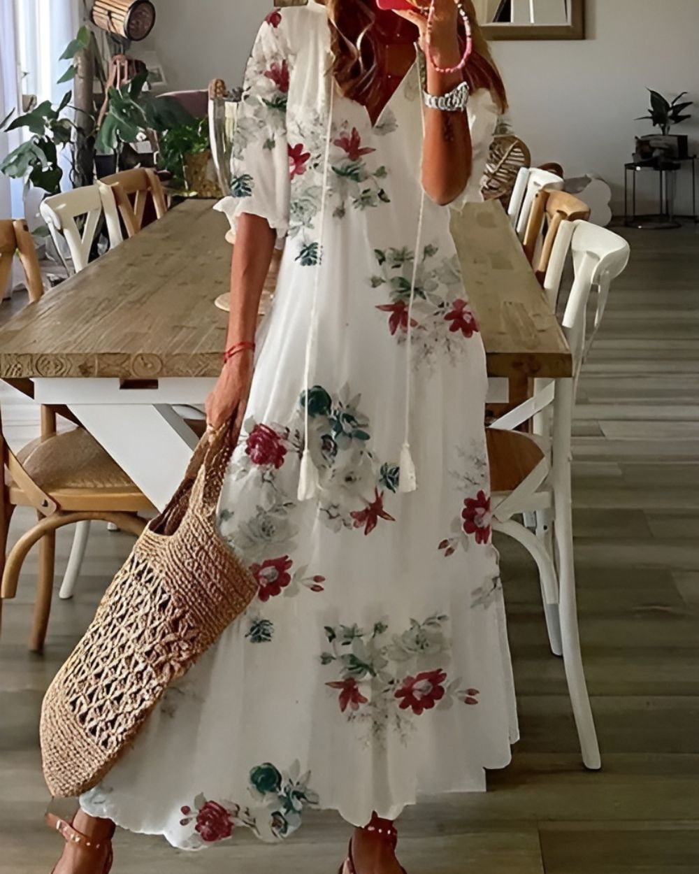 Ikat Print V-Neck Puff Sleeve Tiered Maxi Dress 8