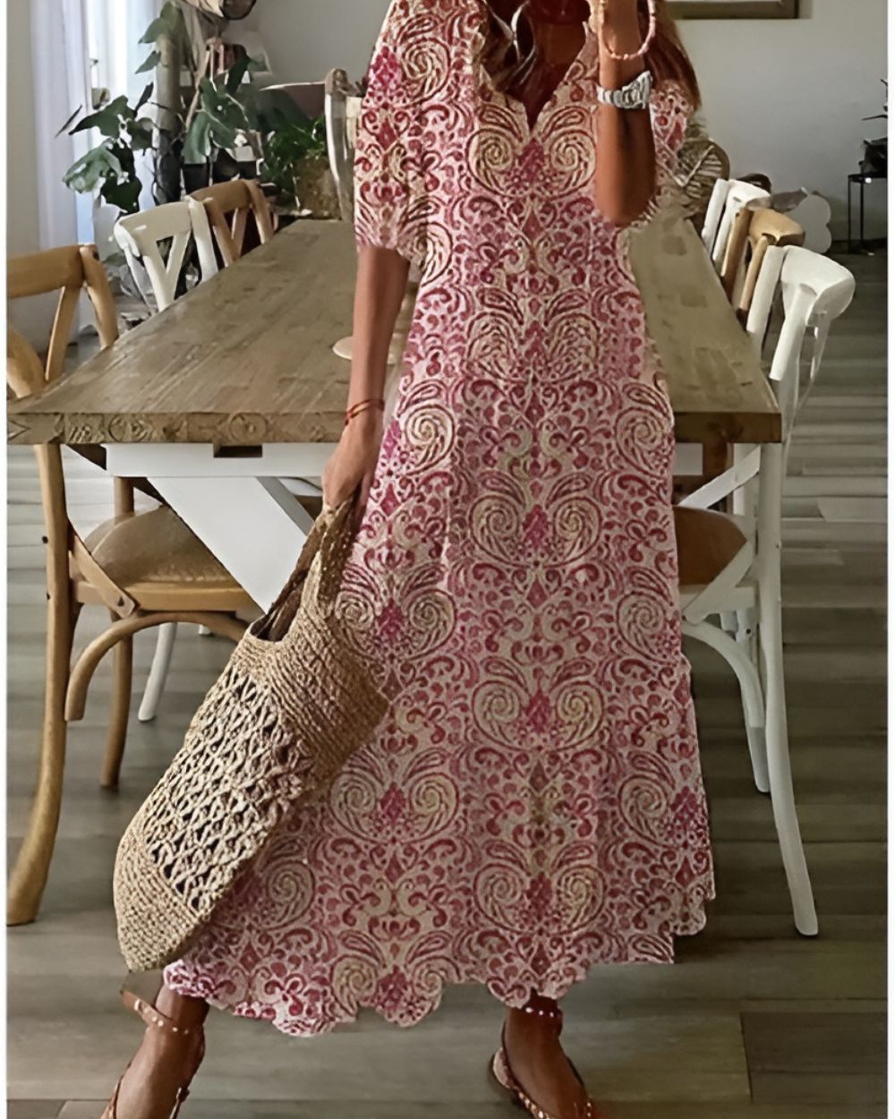 Ikat Print V-Neck Tassel Tie Tiered Maxi Dress 5