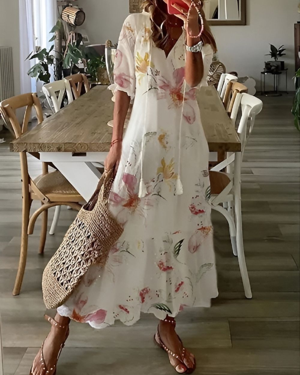 Ikat Print V-Neck Puff Sleeve Tiered Maxi Dress 6