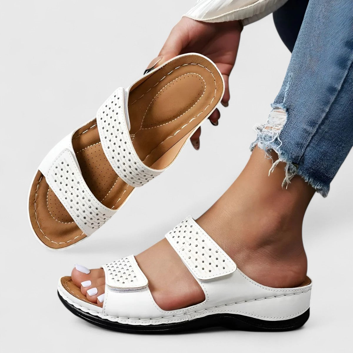 Open Toe Double Strap Studded Wedge Slide Sandals