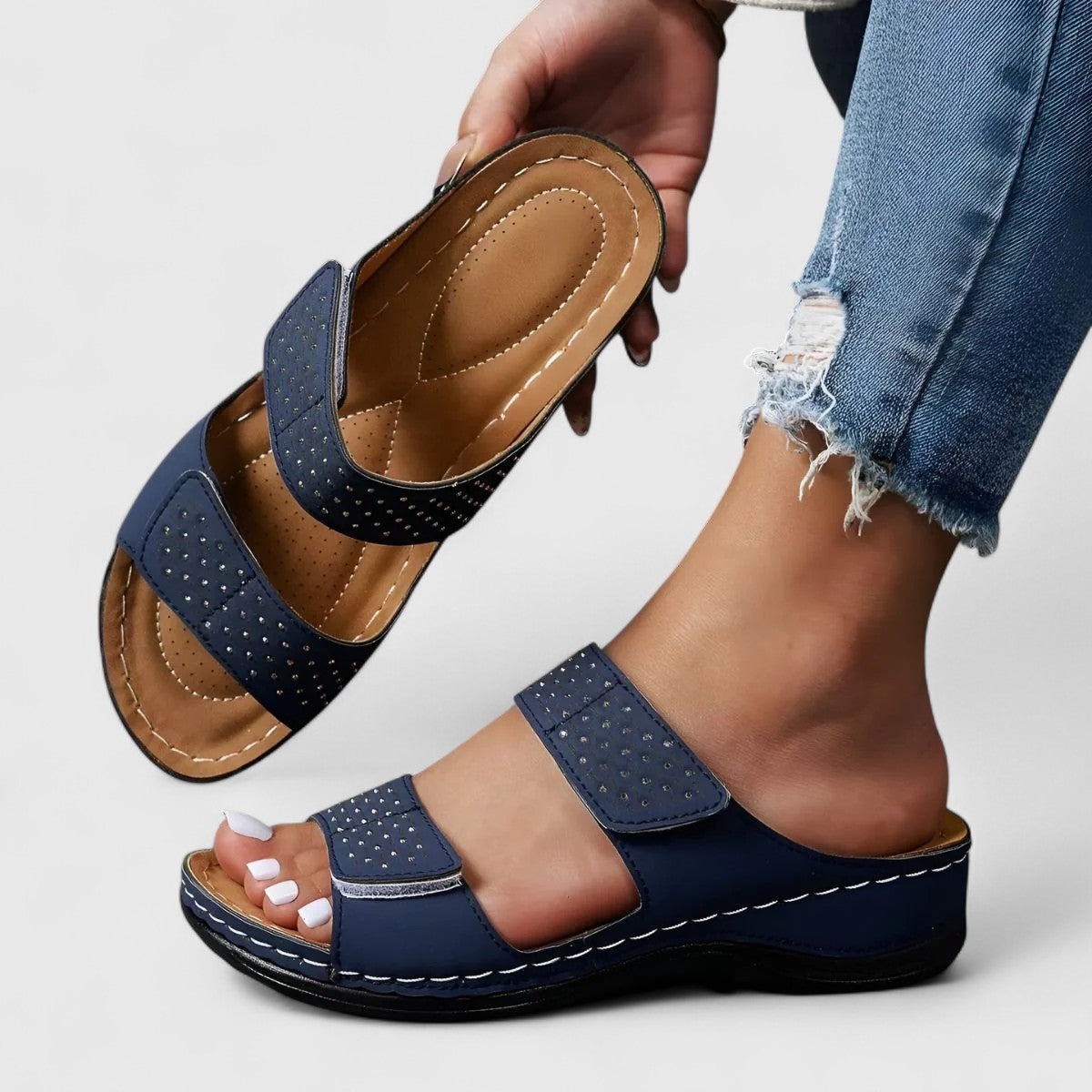 Open Toe Double Strap Studded Wedge Slide Sandals