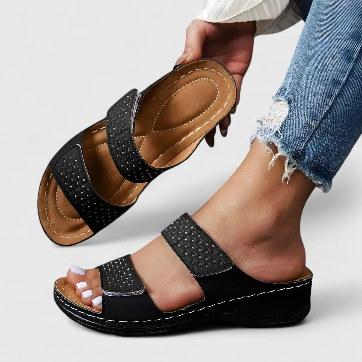 Open Toe Double Strap Studded Wedge Slide Sandals