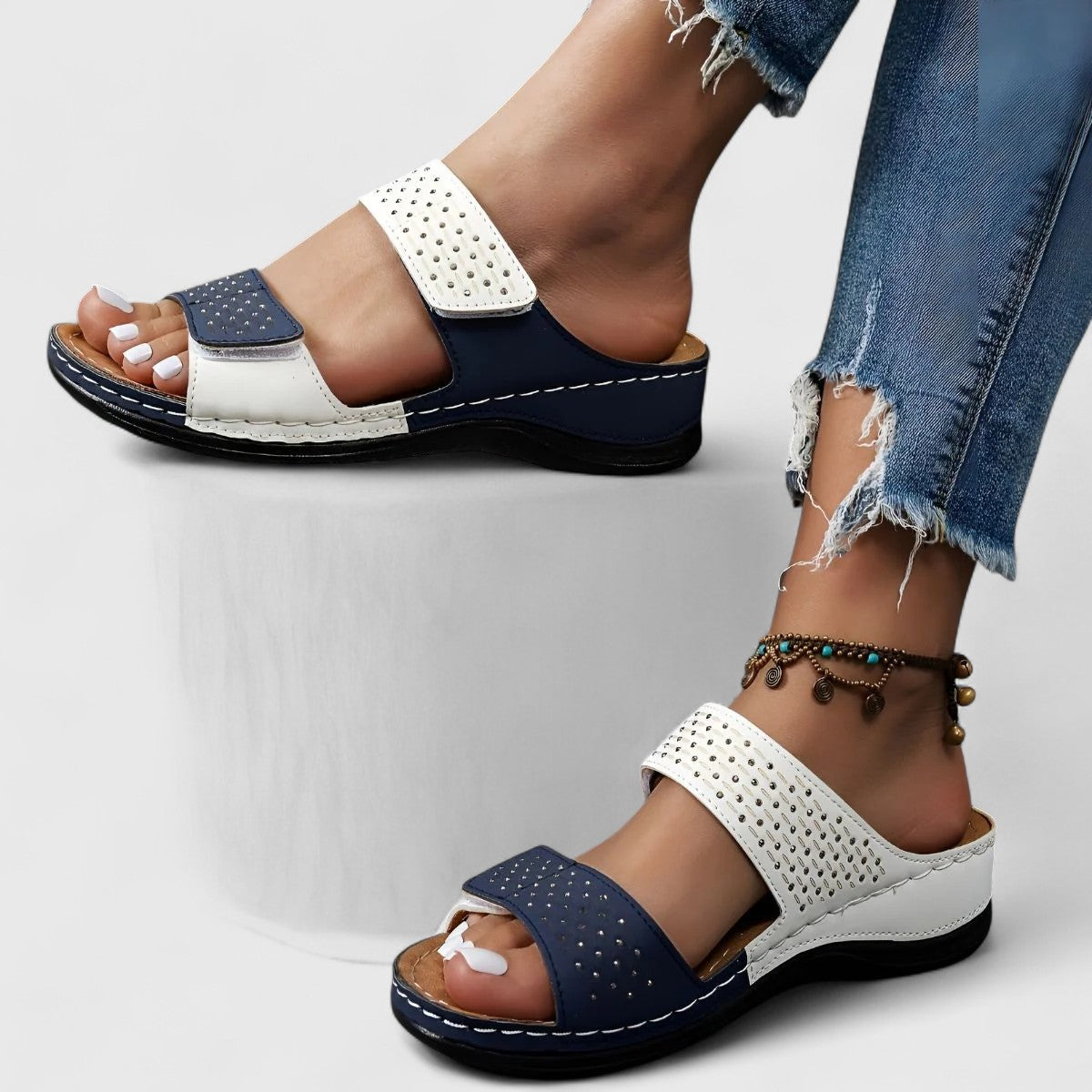 Open Toe Double Strap Studded Wedge Slide Sandals