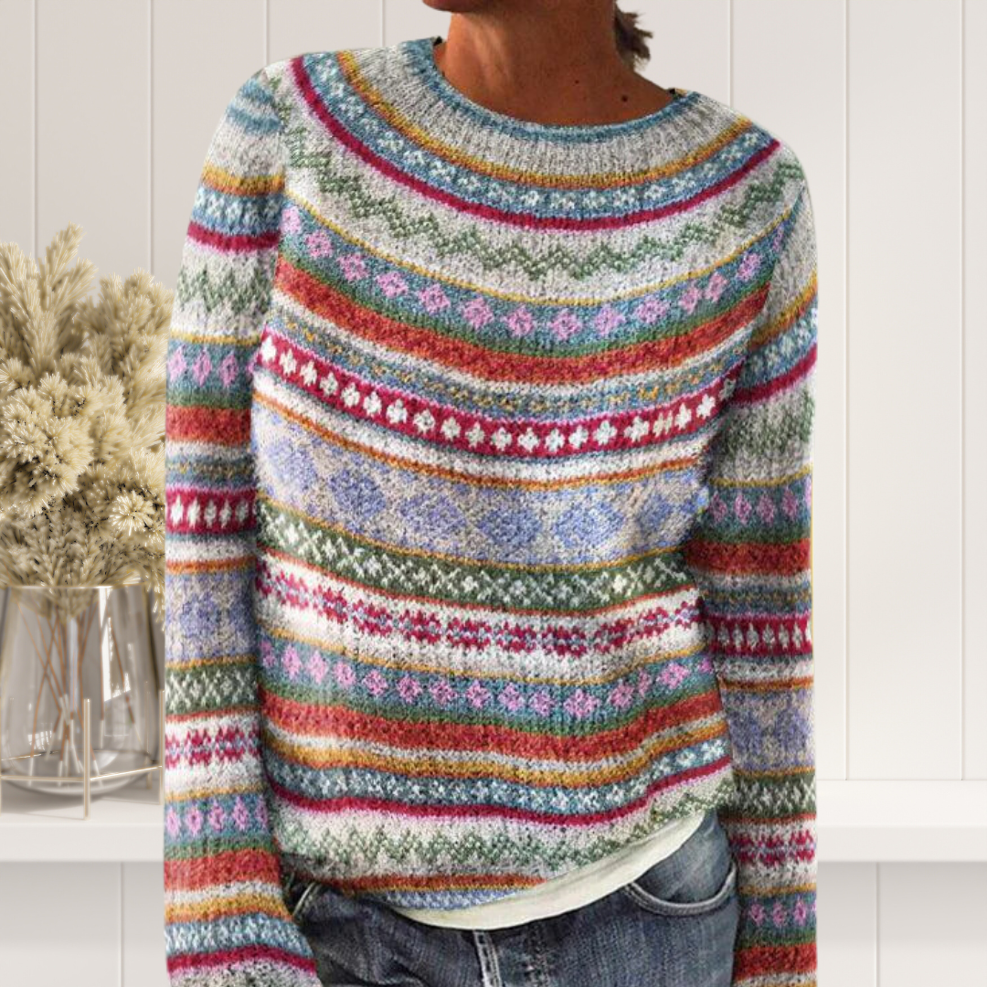 Crew Neck Long Sleeve Fair Isle Knit Sweater