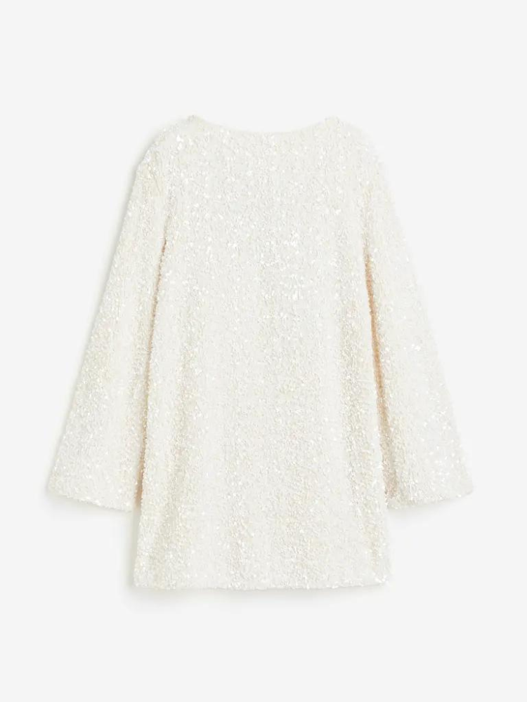 Boat Neck Long Sleeve Textured Boucle Shift Mini Cocktail Dress