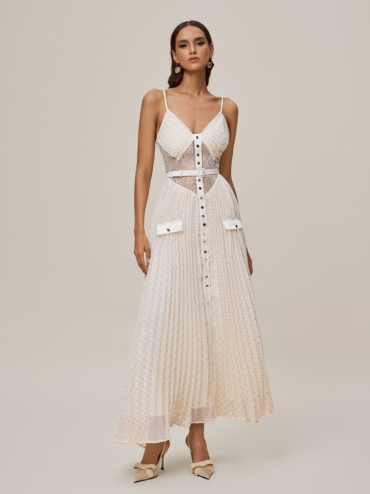 Spaghetti Strap V-Neck Lace Bodice Button Front Pleated Belted Maxi Dress