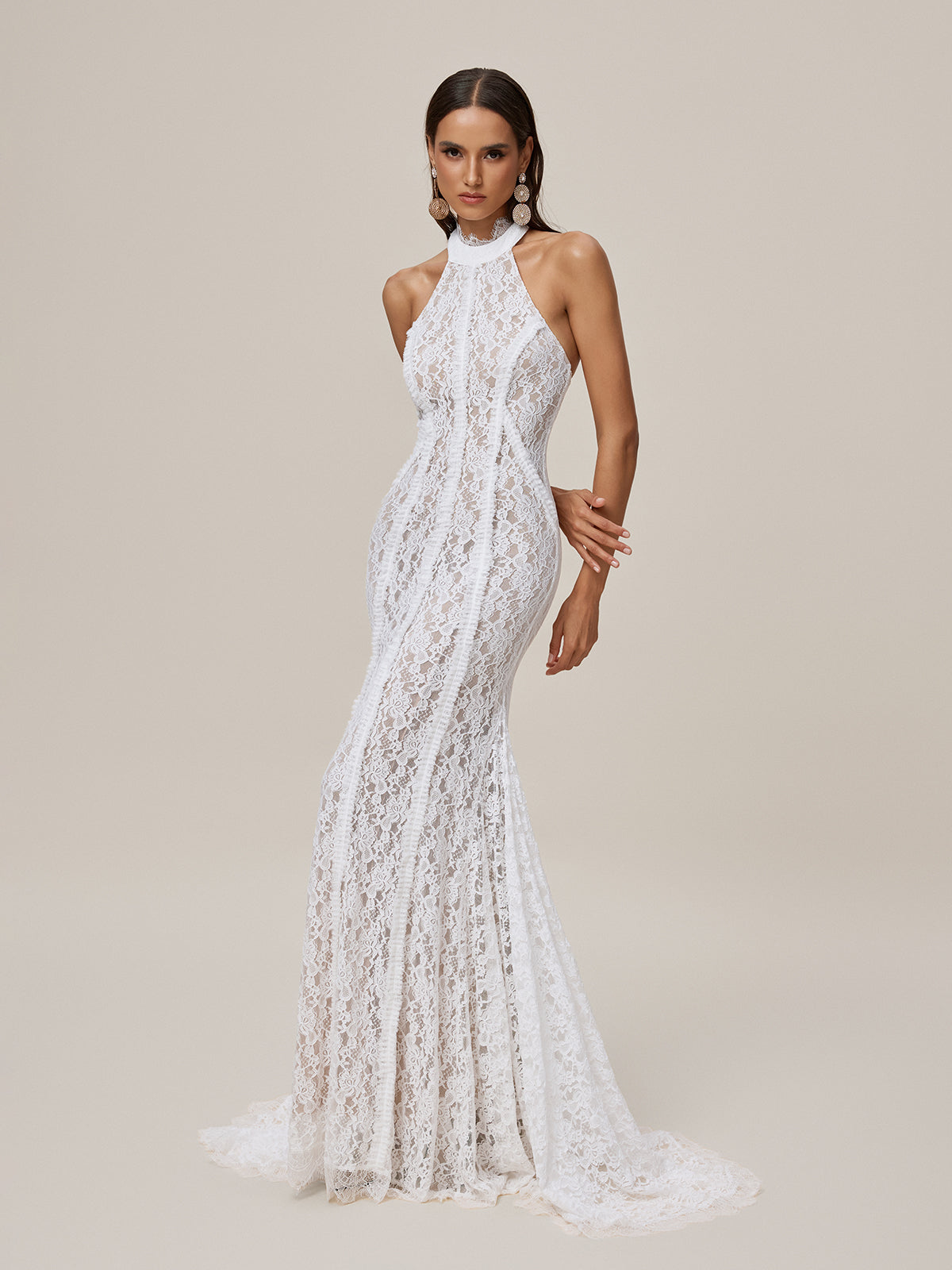 Lace Halter Neck Sleeveless Mermaid Maxi Gown with Train