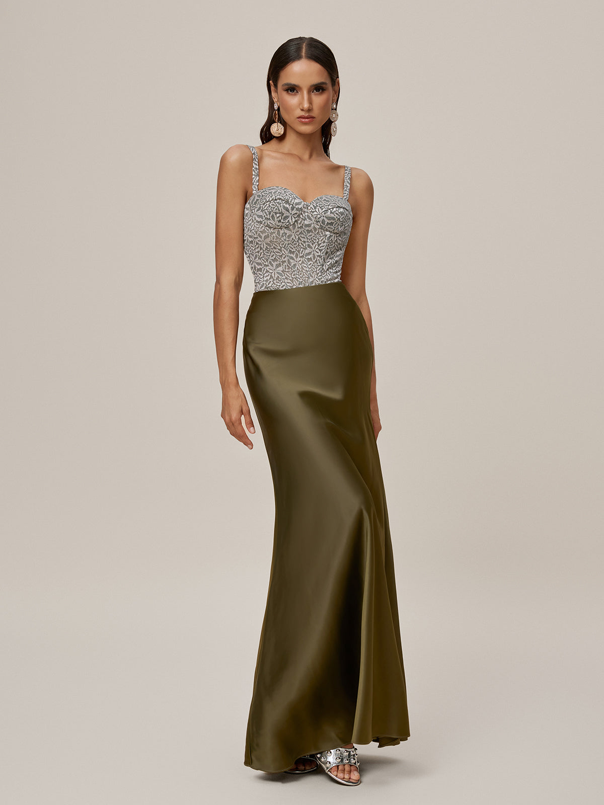 Embroidered Lace Bodice Sweetheart Neck Satin Mermaid Maxi Dress