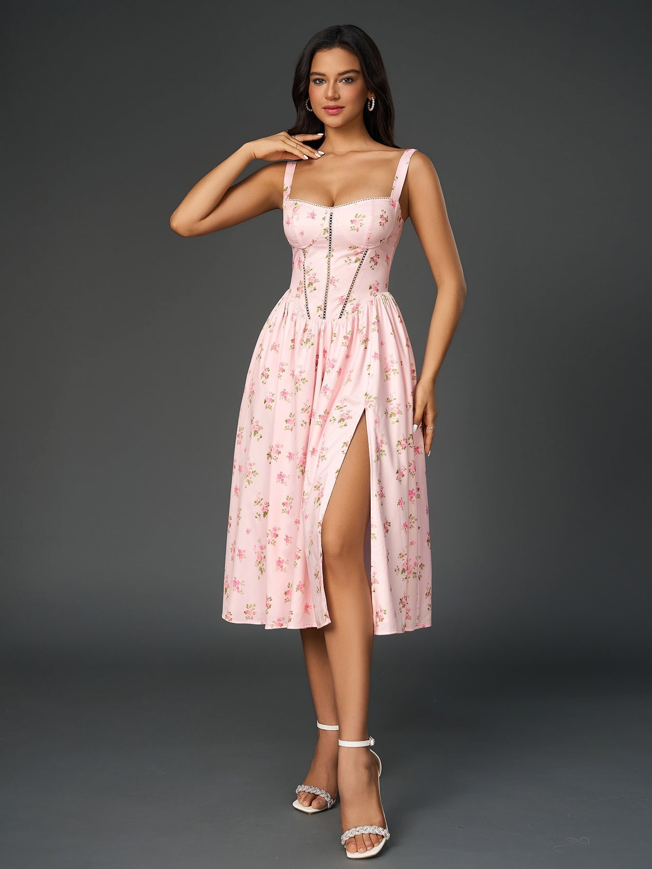 Openwork Split Thigh Pocket Floral Print Dress