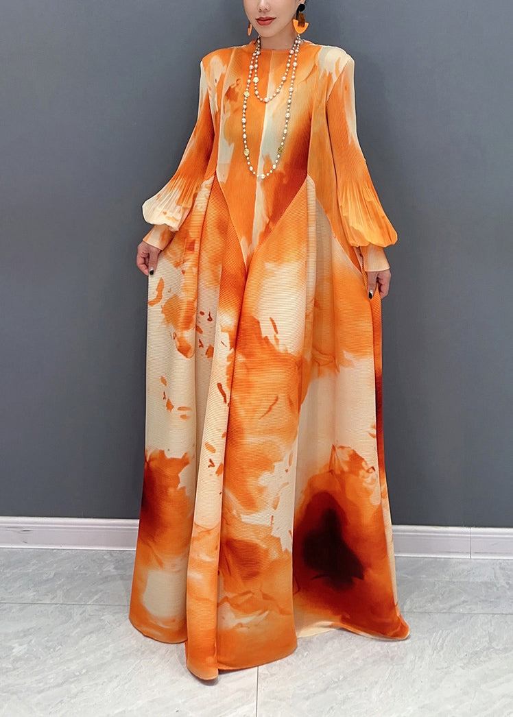 Tie Dye Print Pleated Lantern Sleeve Crew Neck A-Line Maxi Dress