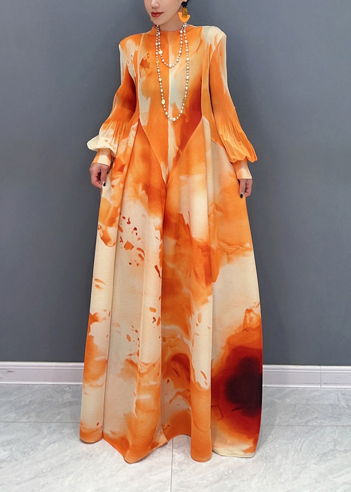 Orange Print Patchwork Chiffon Long Maxi Dress Puff Sleeve - View 2