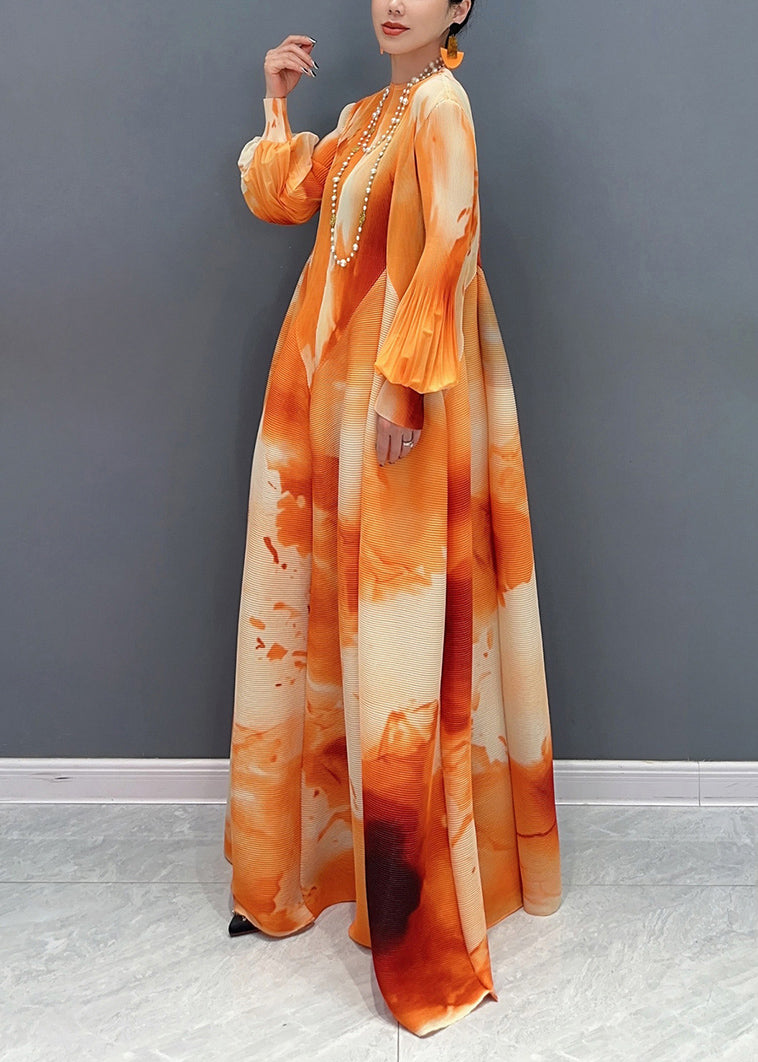 Orange Print Patchwork Chiffon Long Maxi Dress Puff Sleeve - View 3
