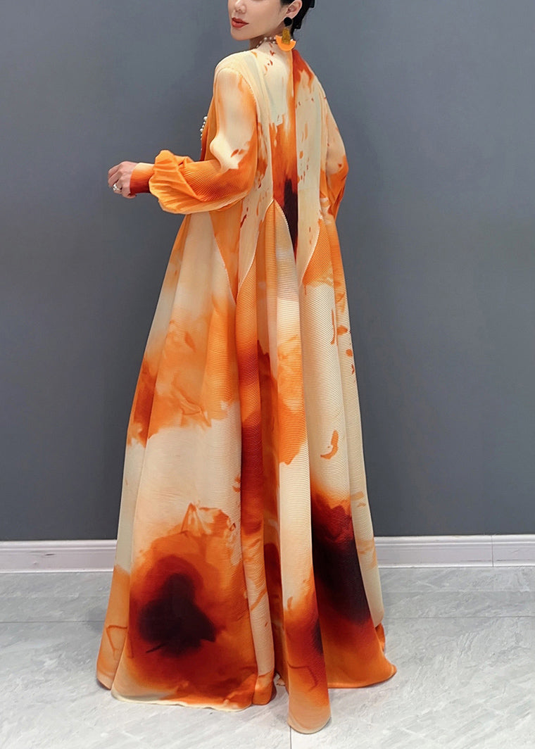 Orange Print Patchwork Chiffon Long Maxi Dress Puff Sleeve - View 4