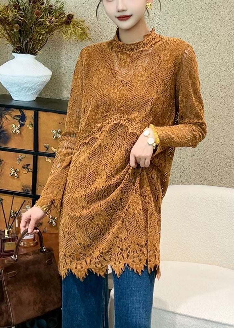 Crochet Lace Mock Neck Long Sleeve Scalloped Hem Tunic Top