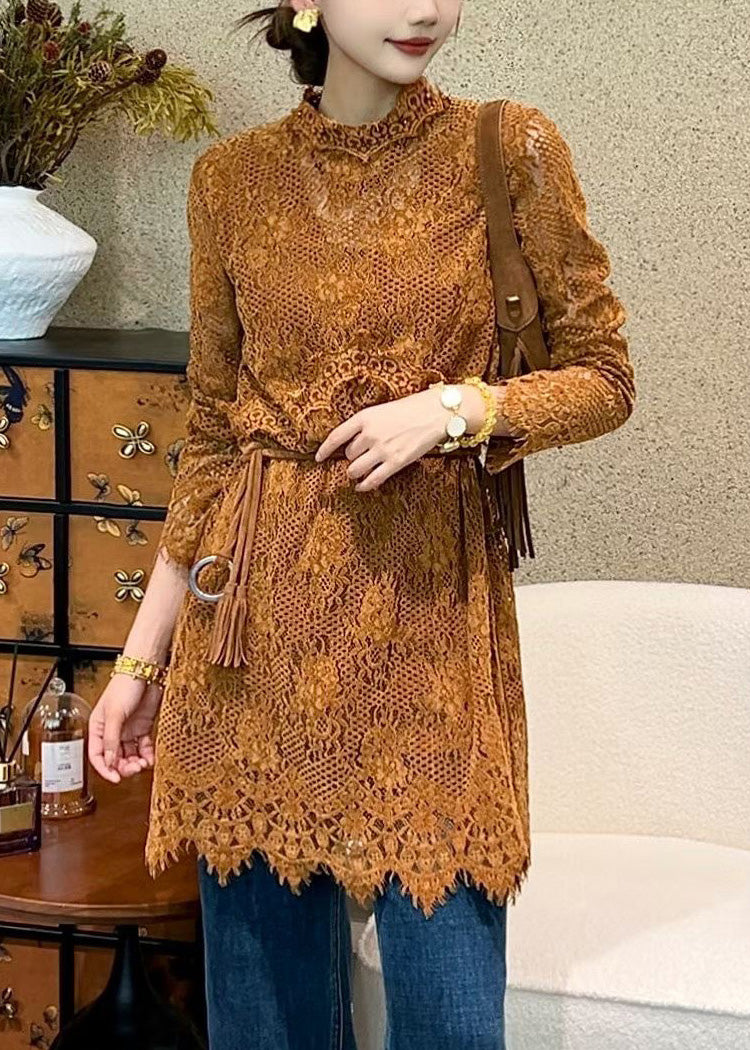 Crochet Lace Mock Neck Long Sleeve Scalloped Hem Tunic Top 3