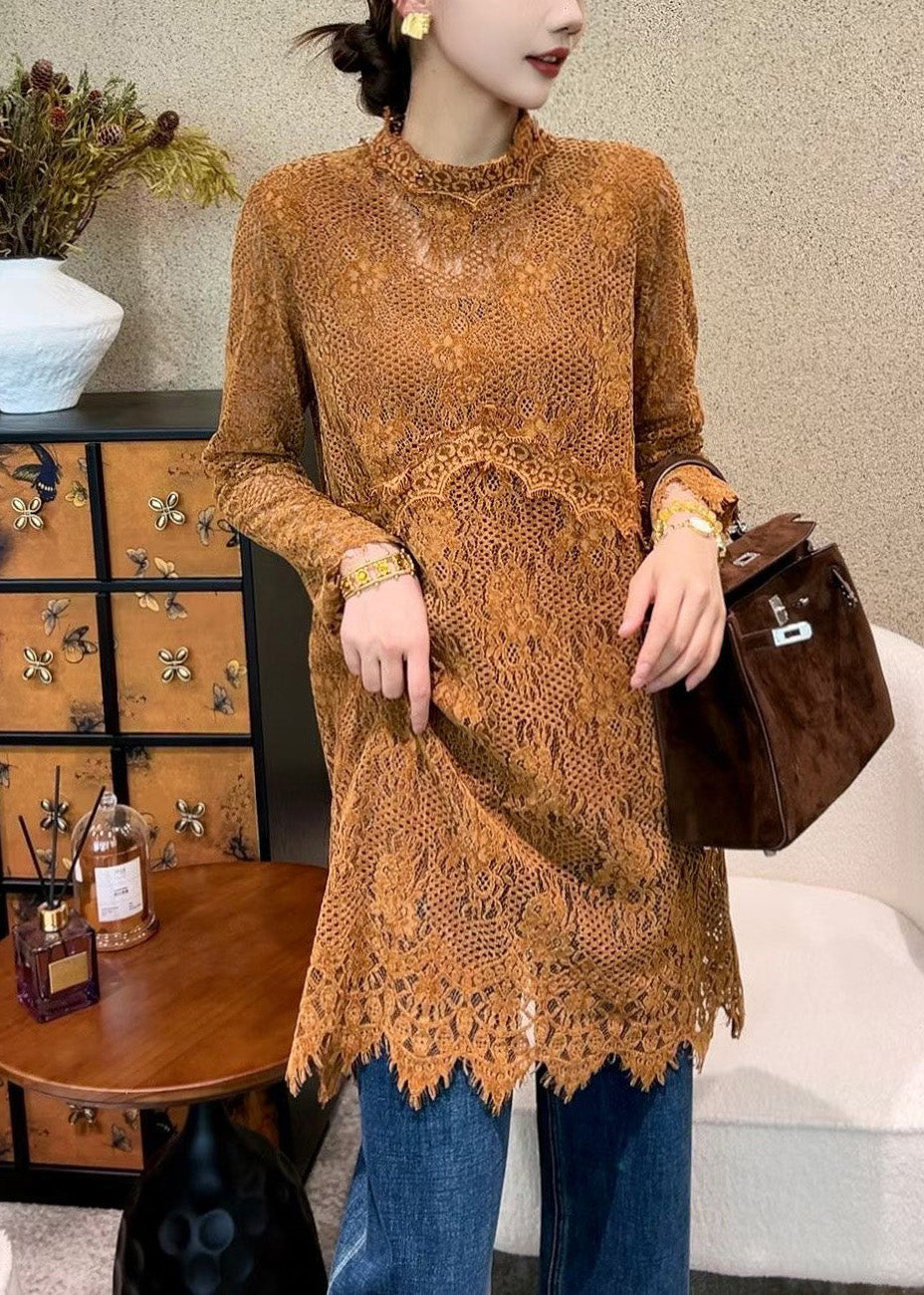 Crochet Lace Mock Neck Long Sleeve Scalloped Hem Tunic Top 4