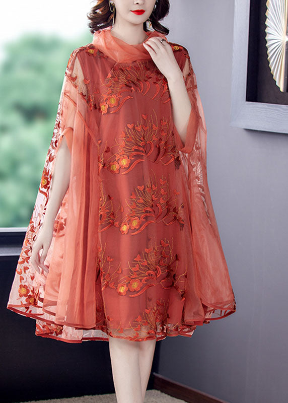 Mesh Embroidered Floral Overlay Cowl Neck Cape Sleeve A-Line Midi Dress