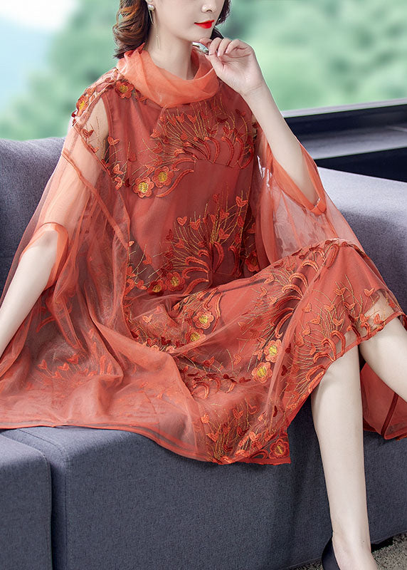 Mesh Embroidered Floral Overlay Cowl Neck Cape Sleeve A-Line Midi Dress