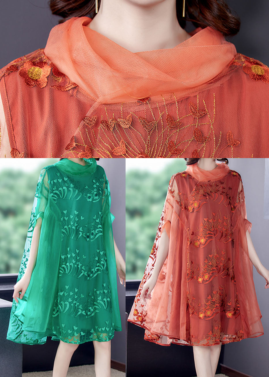 Mesh Embroidered Floral Overlay Cowl Neck Cape Sleeve A-Line Midi Dress