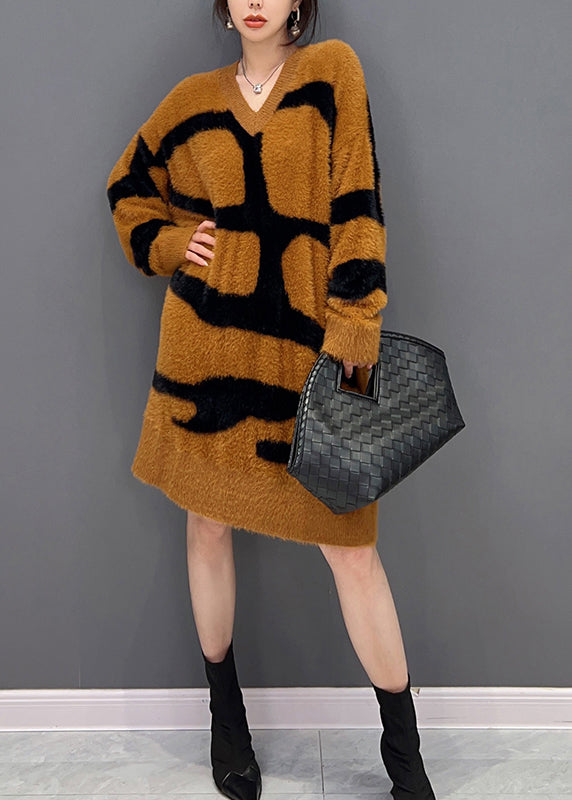 Orange V Neck Patchwork Mink Velvet Maxi Dress Fall - View 2