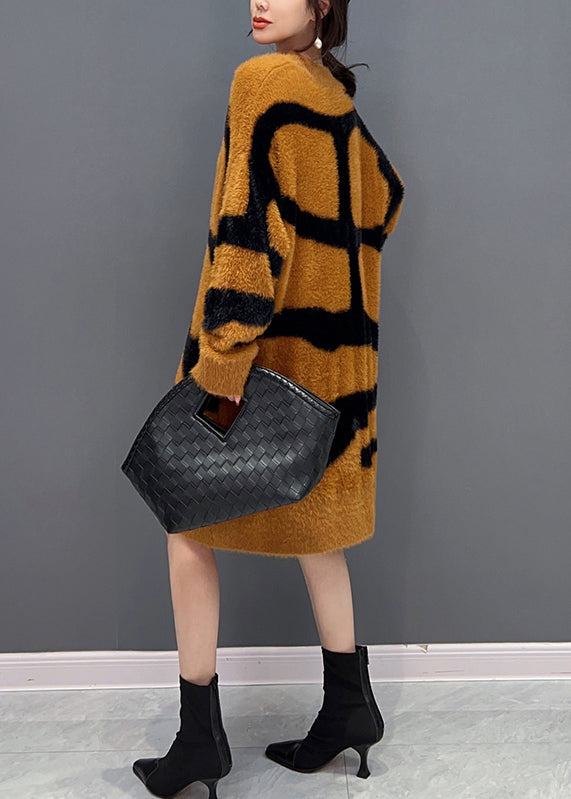 Orange V Neck Patchwork Mink Velvet Maxi Dress Fall - View 4