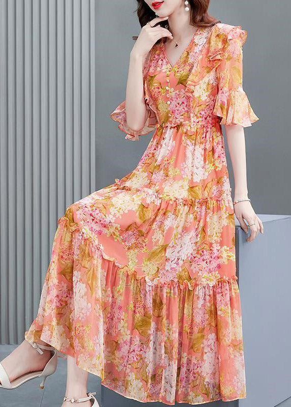Floral Print V-Neck Pearl Button Flutter Sleeve Tiered Ruffle Maxi Dress