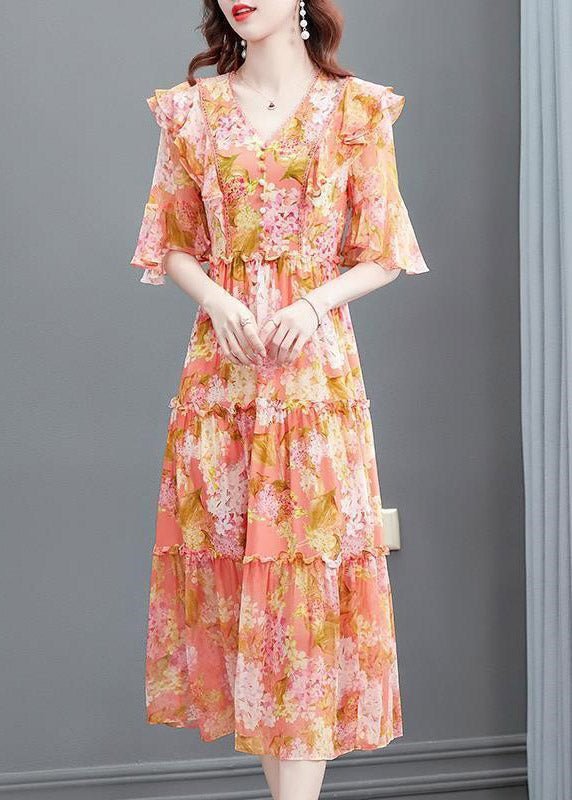 Floral Print V-Neck Pearl Button Flutter Sleeve Tiered Ruffle Maxi Dress