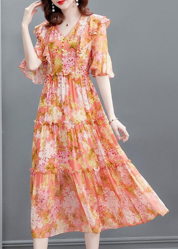 Floral Print V-Neck Pearl Button Flutter Sleeve Tiered Ruffle Maxi Dress