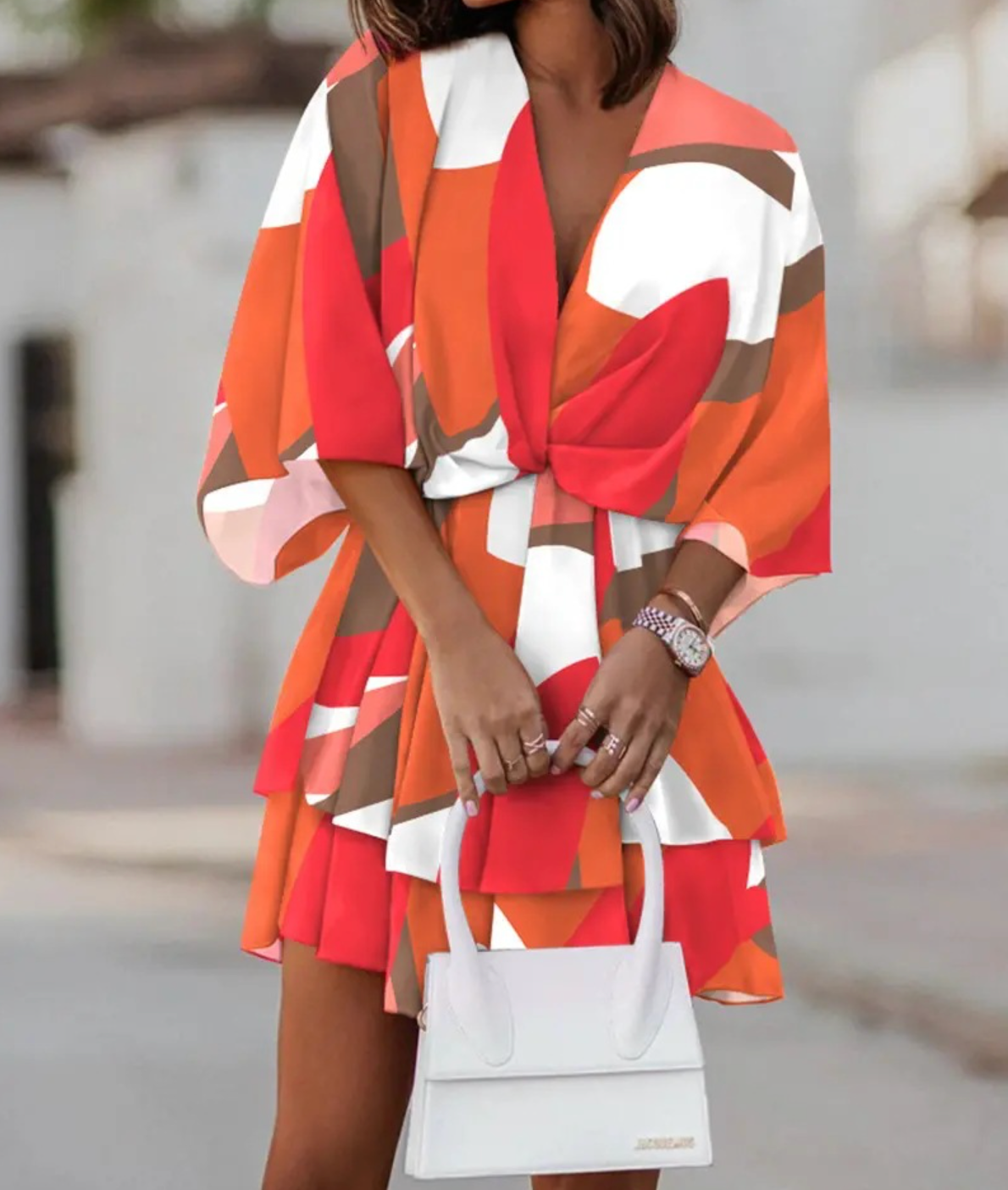 Floral Print V-Neck Kimono Sleeve Twist Front Tiered Mini Dress