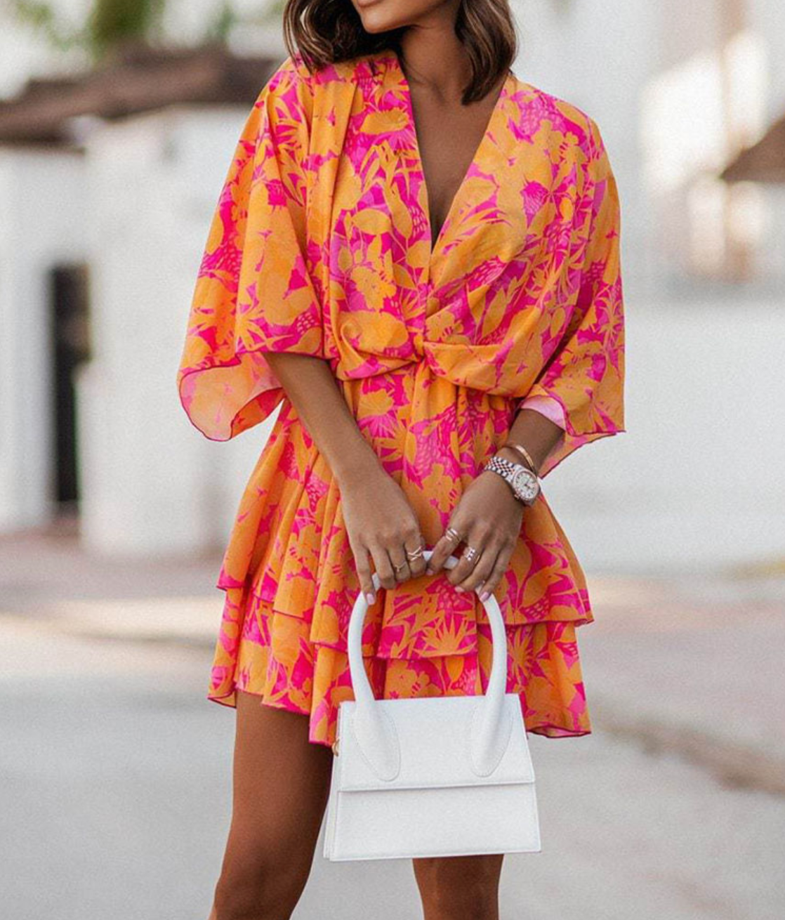 Floral Print V-Neck Kimono Sleeve Twist Front Tiered Mini Dress
