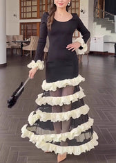Organic Black White Striped O-Neck Ruffled Knit Patchwork Tulle Long Dress Spring 2