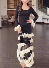 Organic Black White Striped O-Neck Ruffled Knit Patchwork Tulle Long Dress Spring 3