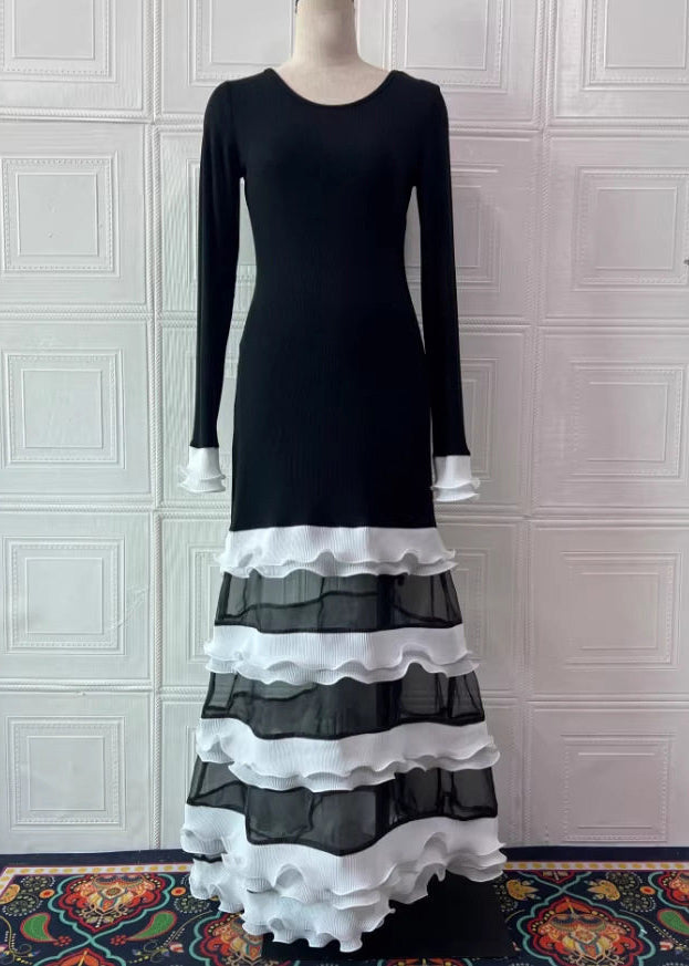 Organic Black White Striped O-Neck Ruffled Knit Patchwork Tulle Long Dress Spring 4