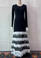Organic Black White Striped O-Neck Ruffled Knit Patchwork Tulle Long Dress Spring 4
