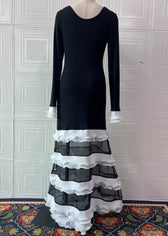 Organic Black White Striped O-Neck Ruffled Knit Patchwork Tulle Long Dress Spring 5