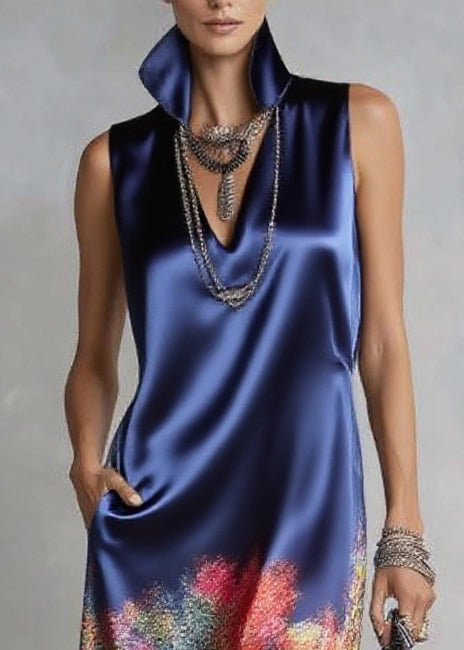 Satin High Collar Deep V-Neck Sleeveless Abstract Print Ruffle Hem Midi Dress