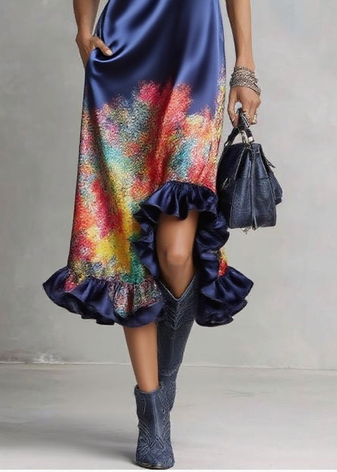 Satin High Collar Deep V-Neck Sleeveless Abstract Print Ruffle Hem Midi Dress