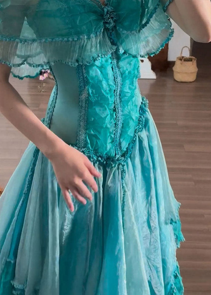 Organic Blue V Neck Ruffled Patchwork Tulle Maxi Dress Summer - View 3