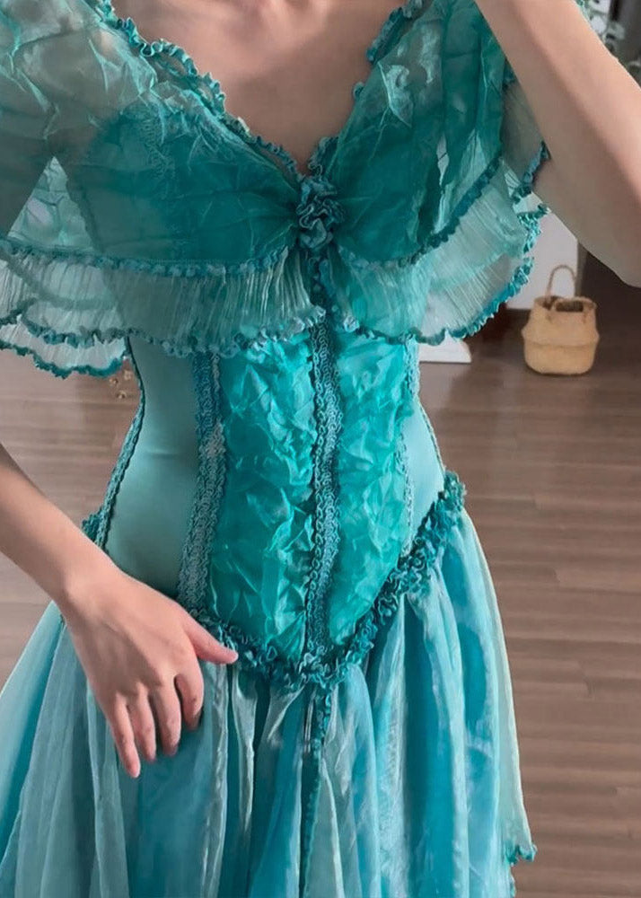 Organic Blue V Neck Ruffled Patchwork Tulle Maxi Dress Summer - View 4