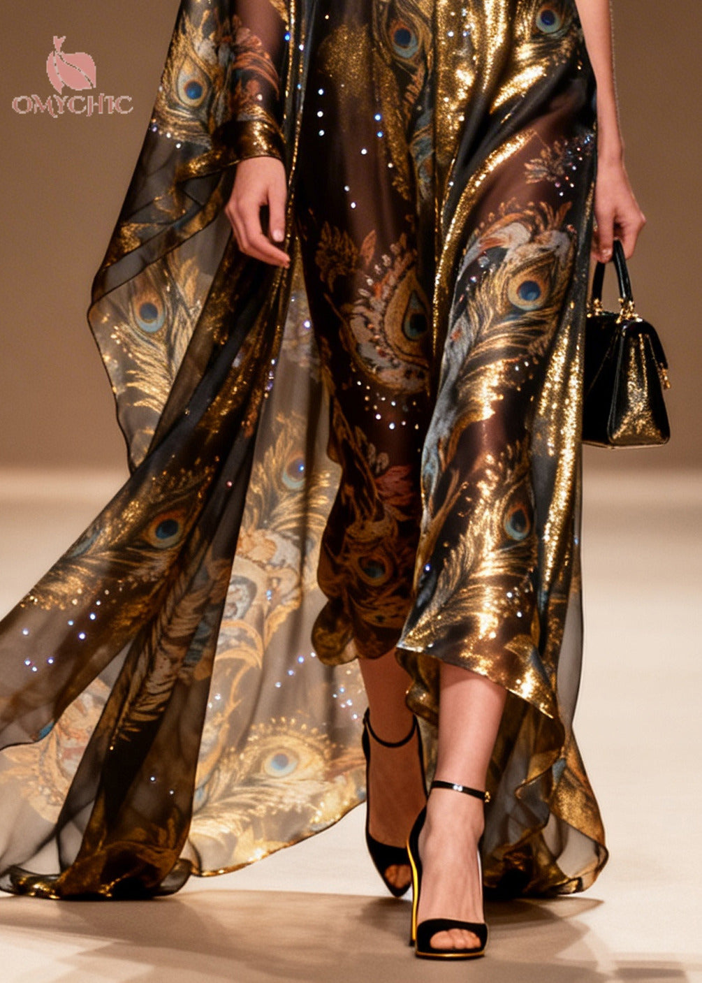 Peacock Print Sequin Deep V-Neck One Shoulder Cape Sleeve Sheer Chiffon Maxi Gown