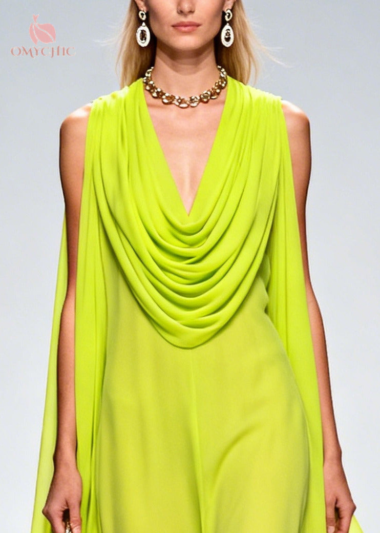 Sleeveless Cowl Neck Cape Wing Floral Trim High Low Chiffon Maxi Dress