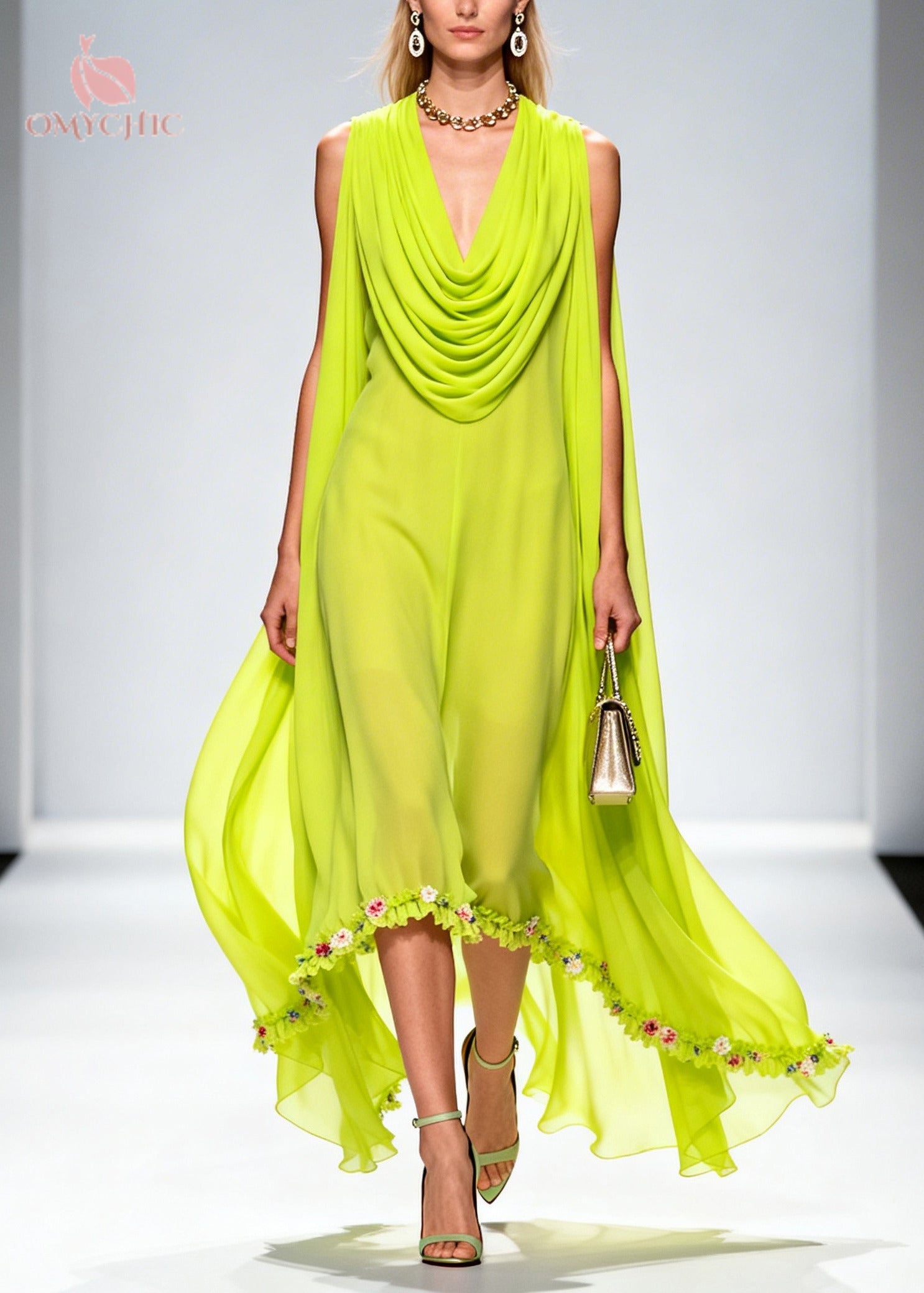 Sleeveless Cowl Neck Cape Wing Floral Trim High Low Chiffon Maxi Dress