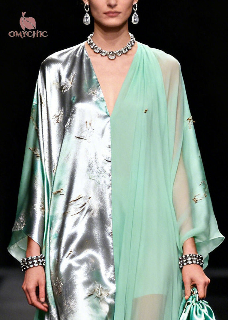 Two Tone Split Panel Deep V-Neck Kaftan Sleeve Layered Chiffon Maxi Gown