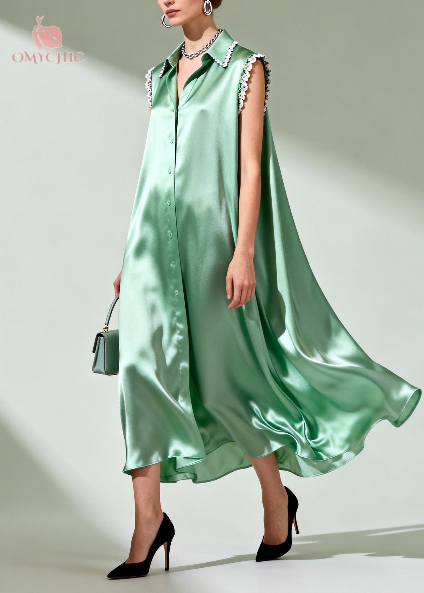 Satin Lace Trim Collar Button Down Sleeveless Oversized Shirt Maxi Dress