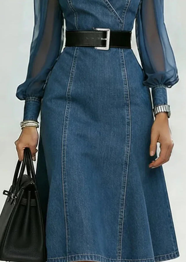 Organic Light Blue Stand Collar Patchwork Denim Dress Summer