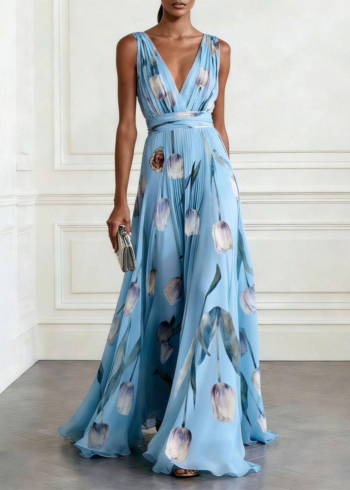 Tulip Print Deep V-Neck Sleeveless Pleated Chiffon A-Line Maxi Dress